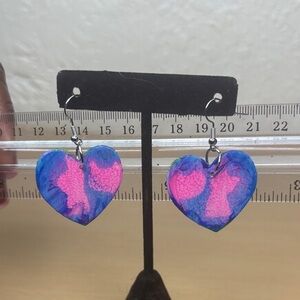Handmade Heart Drop Earrings in Blue and Pink